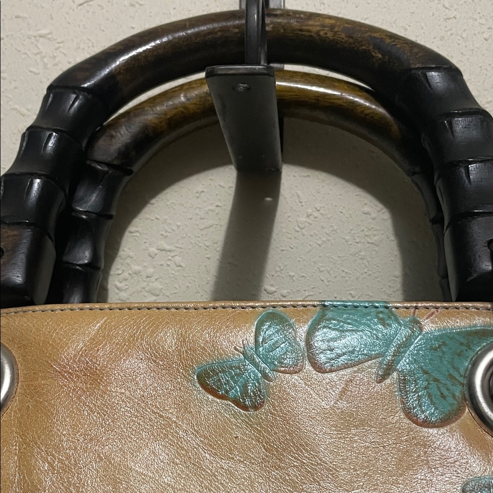 Butterfly Embossed Tan and Green Handbag - Picture 7 of 16